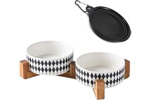 Petygooing Ceramic Dog Cat Bowl Set with Stand, Pet Food and Water Dishes,Small Dog Bowls Anti-Slip Set of 2 Cat Bowls-Pet Food Bowl- Pet Dish Small Medium Size Pet (28OZ/6.1 in) Black Rhombus