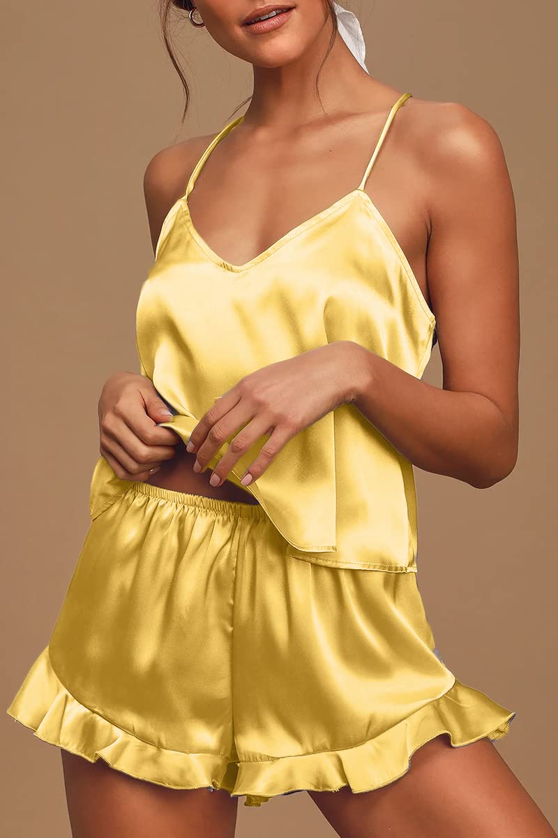 Silk Satin Ruffled Cami Shorts Sets