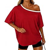 LEEDYA Off The Shoulder Tops for Women Summer Sexy Oversized T-Shirts Short Sleeve Color Block Casual Batwing Tunic Top