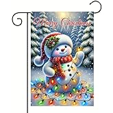 Blissyard Merry Christmas Garden Flag With Festive Snowman Colorful Holiday Lights And Snowy Trees Christmas Garden Flags For Outside Outdoor Yard Decoration 12x18 Inch