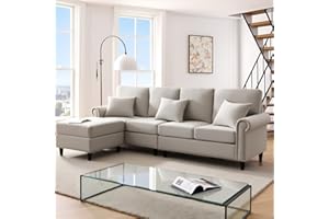 EDWINENE L Shaped Couch for Home Living Room Sofa Set, Modern 4 Seater Couch with Convertible Ottoman, Comfy Polyester Fabric Sofa with 3 Pillows for Apartment Bedroom Office, Light Grey