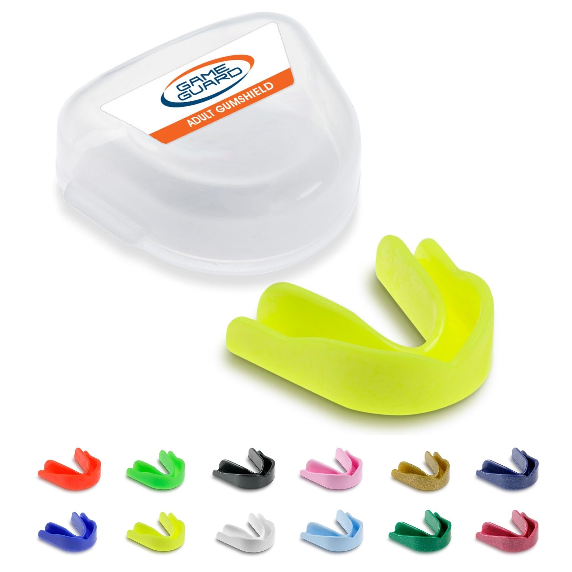 GAME GUARD Sports Mouthguard – Easy Fit Boil & Bite Gum Shield for Adults & Teens (Age 13+) – Mouth Guard for Rugby, Hockey, GAA – Ideal for Schools and Clubs (Yellow)