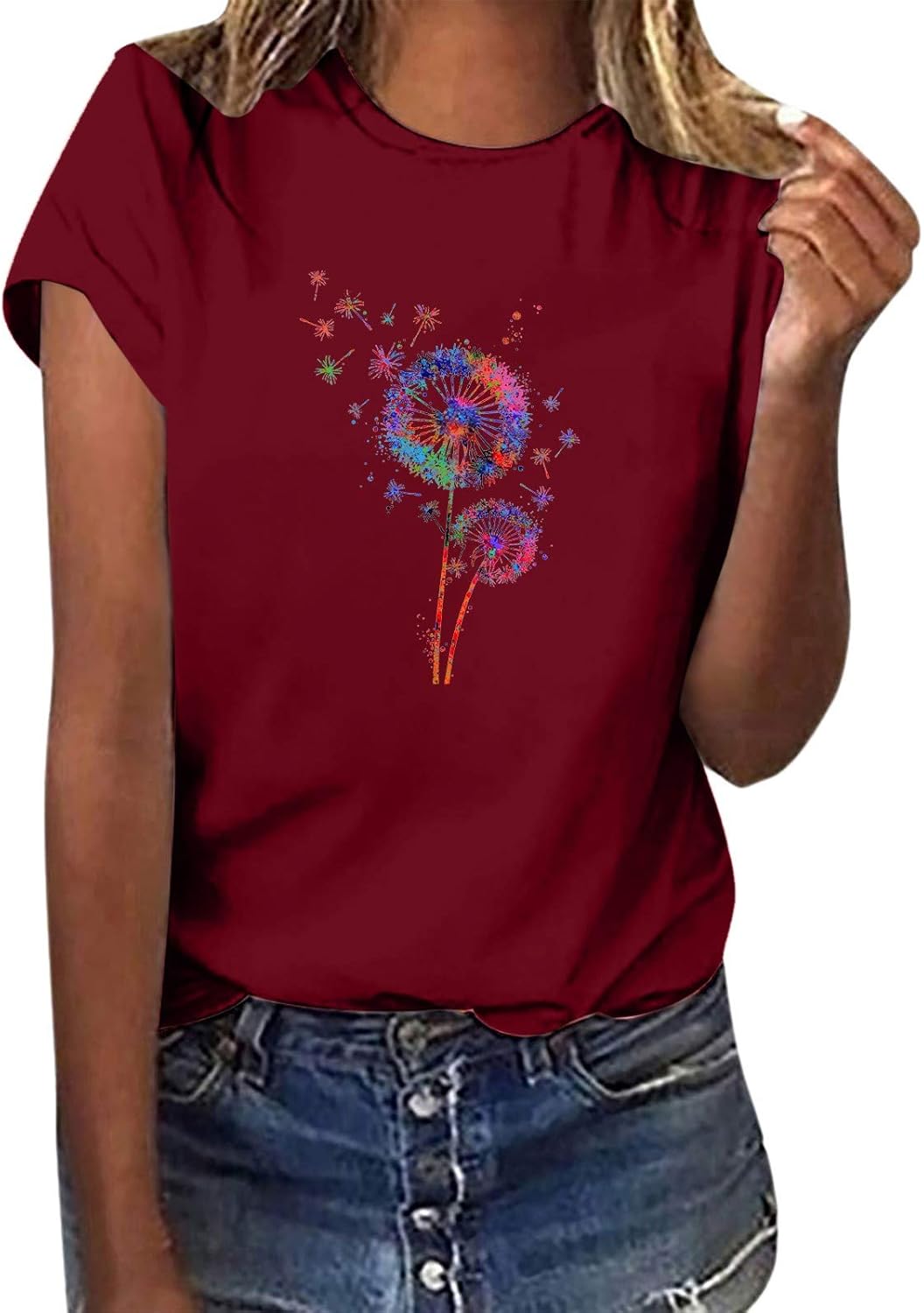 Amazon.com: Meichang Colorful Dandelion Printed Womens Blouse Cool Summer Tops Round Neck Tee 