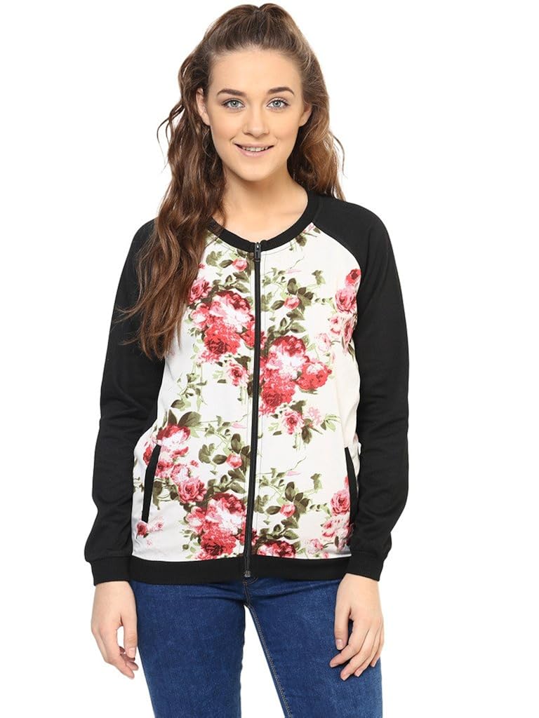 purys purysfloral ivory & black printed fleece jacket