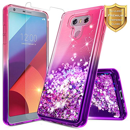 LG G6 Case, LG G6 Plus Case (2017) w/[Tempered Glass Screen Protector], NageBee Glitter Liquid Quicksand Waterfall Floating Flowing Sparkle Shiny Bling Girls Cute Case -Pink/Purple
