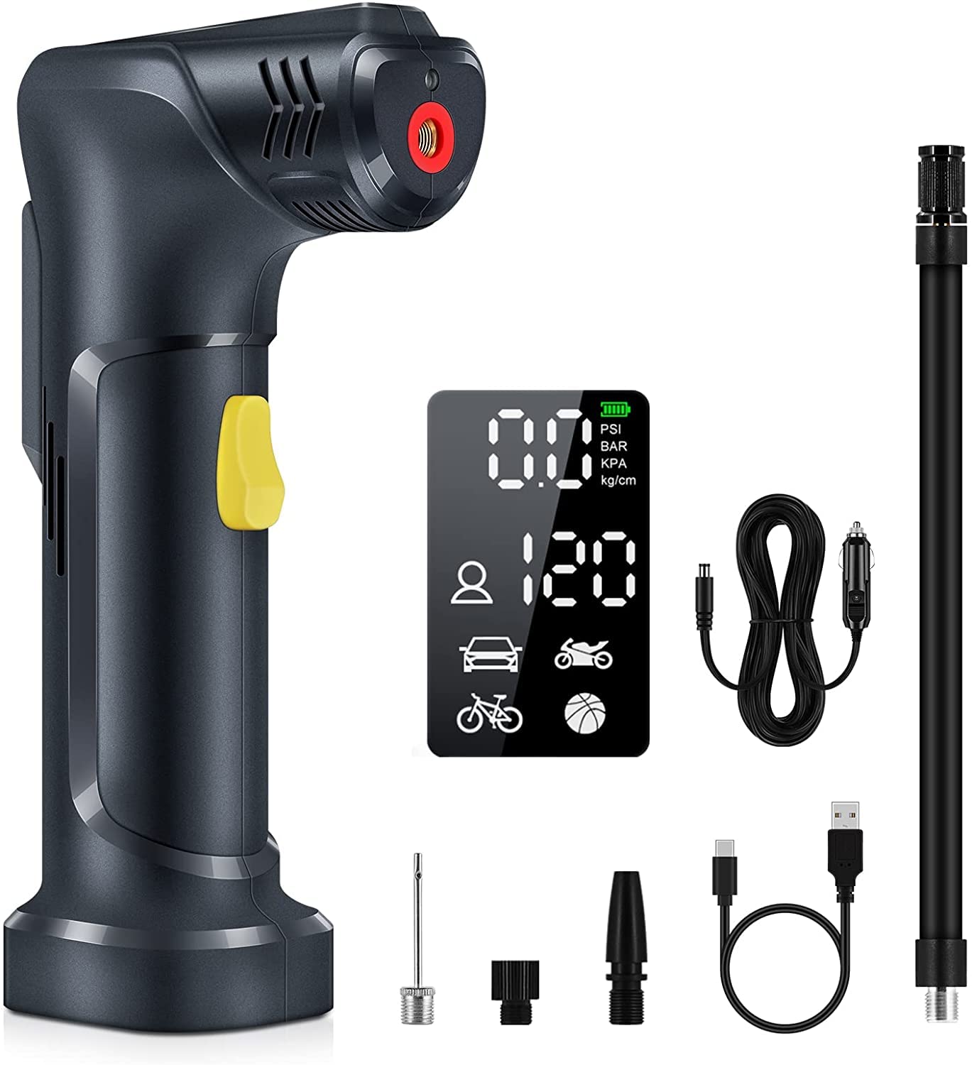 TANSHOP Electric Cordless Car Tyre Inflator Rechargeable,120PSI Bike Pump Air Compressor with LCD Screen for Cars,Bikes,Motorbikes,basketball,Football As a Flashlight&Power Bank