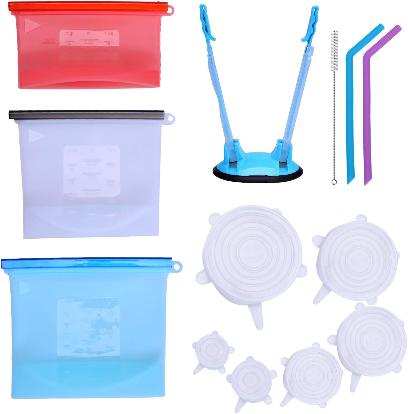 LEASEN Silicone Bags,Reusable Silicone Food Bags, Airtight Food Preservation Bags/Preservation Lids/Food Grade/Multi-Functional Silicone Bags for Liquids, Meat, Snacks, Sandwiches, Vegetables.