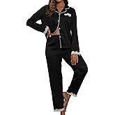 KIOMEKO Silk Satin Pajama Sets Women 2 Piece Long Sleeve Sleepwear Soft Button-Down Top with Lace Trim Loungewear Pjs Lounge