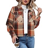 Dookttker Womens Cropped Flannel Shacket Plaid Button Down Shirts Jackets Long Sleeve Coat Tops Fall Clothes Fashion Outfits