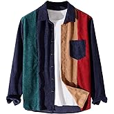 WDIRARA Men's Corduroy Button Down Long Sleeve Colorblock Shirt Collar Tops
