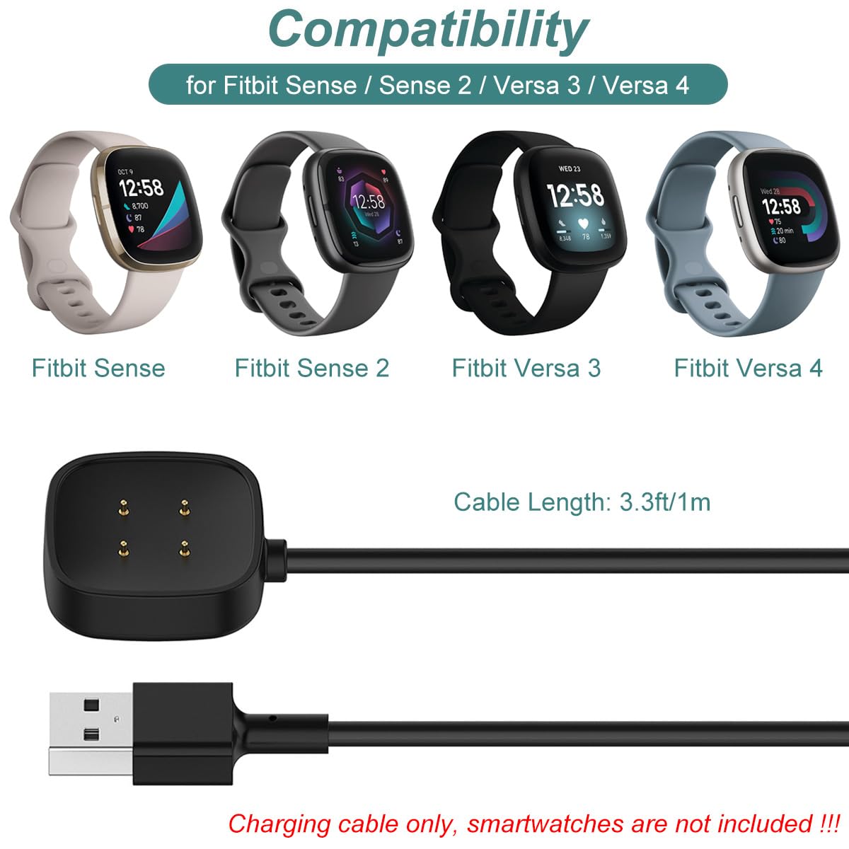 Charger for Fitbit Sense/Sense 2/Versa 3/Versa 4, Replacement Charging Cable Cord Magnetic Dock Stand for Fitbit Sense 1/2, Versa 3/4 Smartwatch