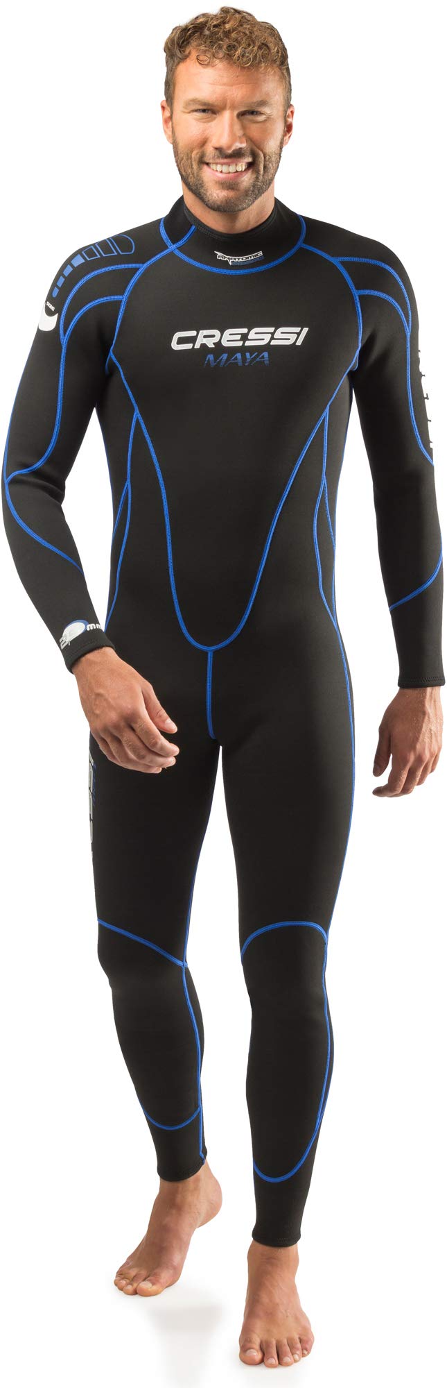 Cressi Maya Man Monopiece Wetsuit - One Piece Wetsuit for Snorkelling, Swimming and Water Sports, 2.5mm Ultra Stretch Neoprene, Black/Blue, XS
