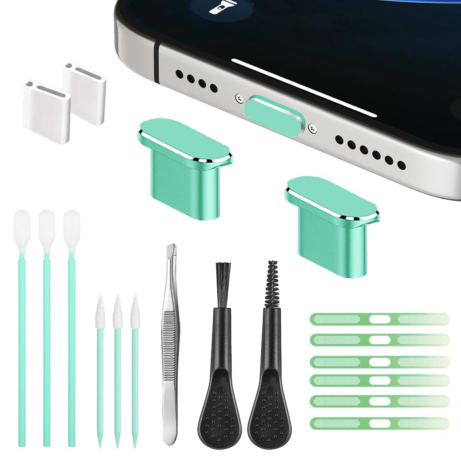 Mobile Phone Speaker Metal Dust Mesh, Charging Port dust Plug, Cleaning Brush Cleaning Tool Set for iPhone16 15 Series(USB -C Green)
