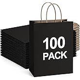 BagDream Recyclable Kraft Paper Gift Bag, 8x4.25x10.5 Inches, 100Pcs, Black, with Handles, Bulk, FSC Compliant, Multipurpose