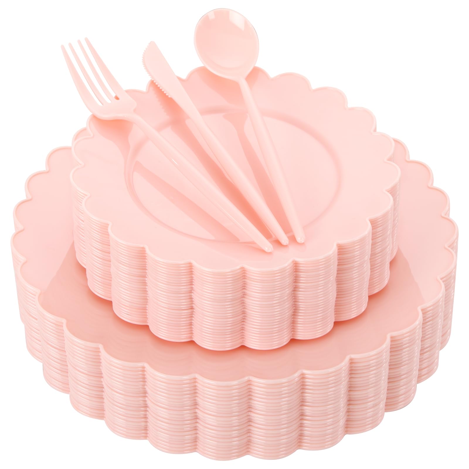 Photo 1 of WONDERFUL 150 Pcs Pink Plates Disposable Heavy Duty Plastic Dinnerware Set Disposable Plates and Utensils Set Plastic Plates for Wedding & Bridal Shower Pink Party Decorations Suitable for 30 Guests