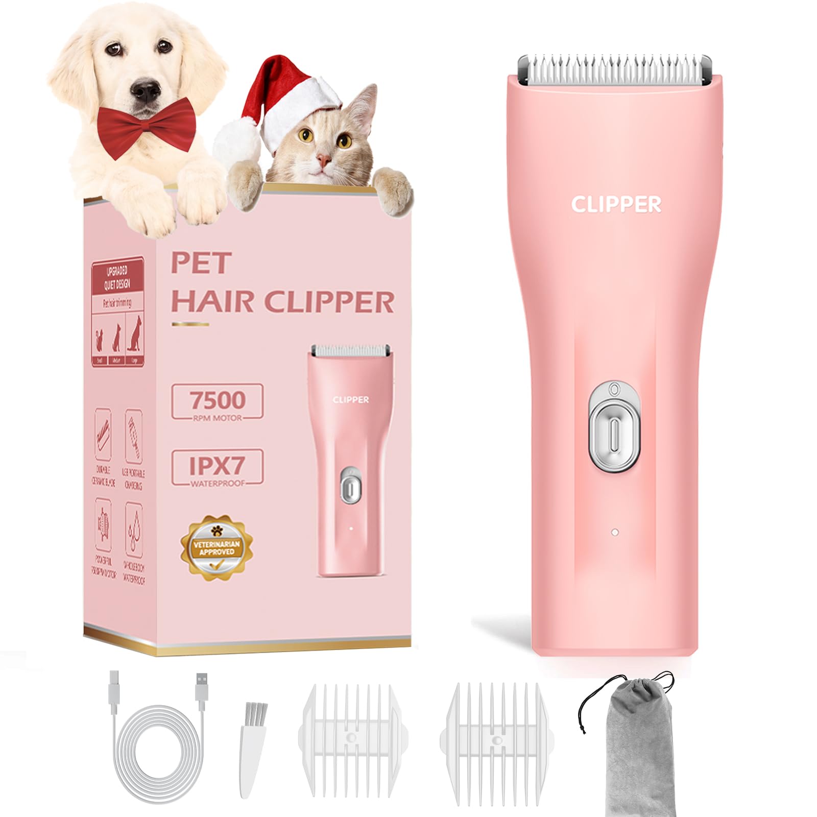 Professional Dog Clippers for Thick Hair, Cordless Cat Clippers for Matted Fur, Rechargeable Pet Dog Grooming Clipper Trimmer for Puppy,Cats,Rabbit,Pink