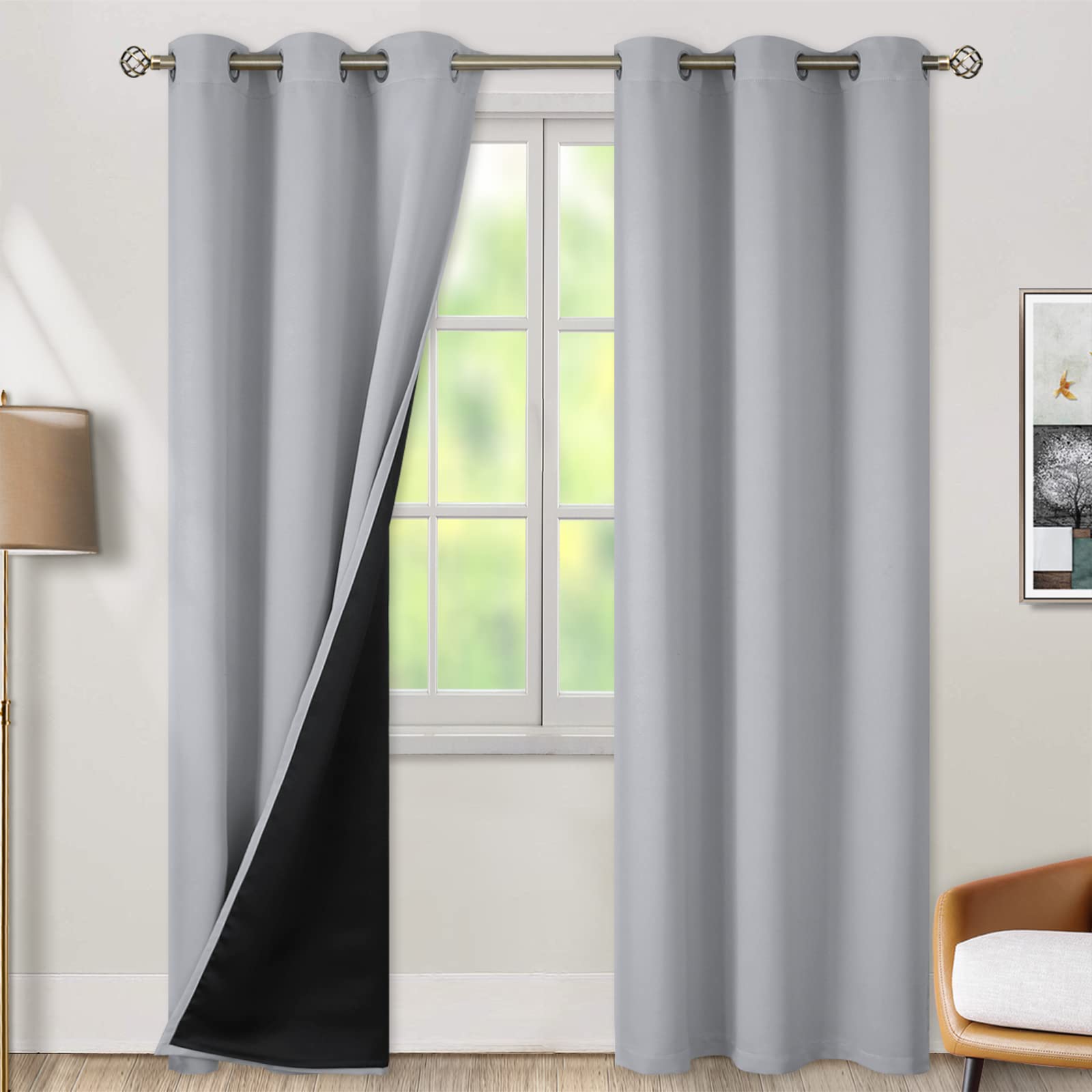 BGment 100% Blackout Curtains for Bedroom with Black Liner, Thermal Insulated Thick Double Layers Total Light Blocking Grommet Window Curtains 84 Inch Length 2 Panels Set (42 x 84 Inch, Light Grey)