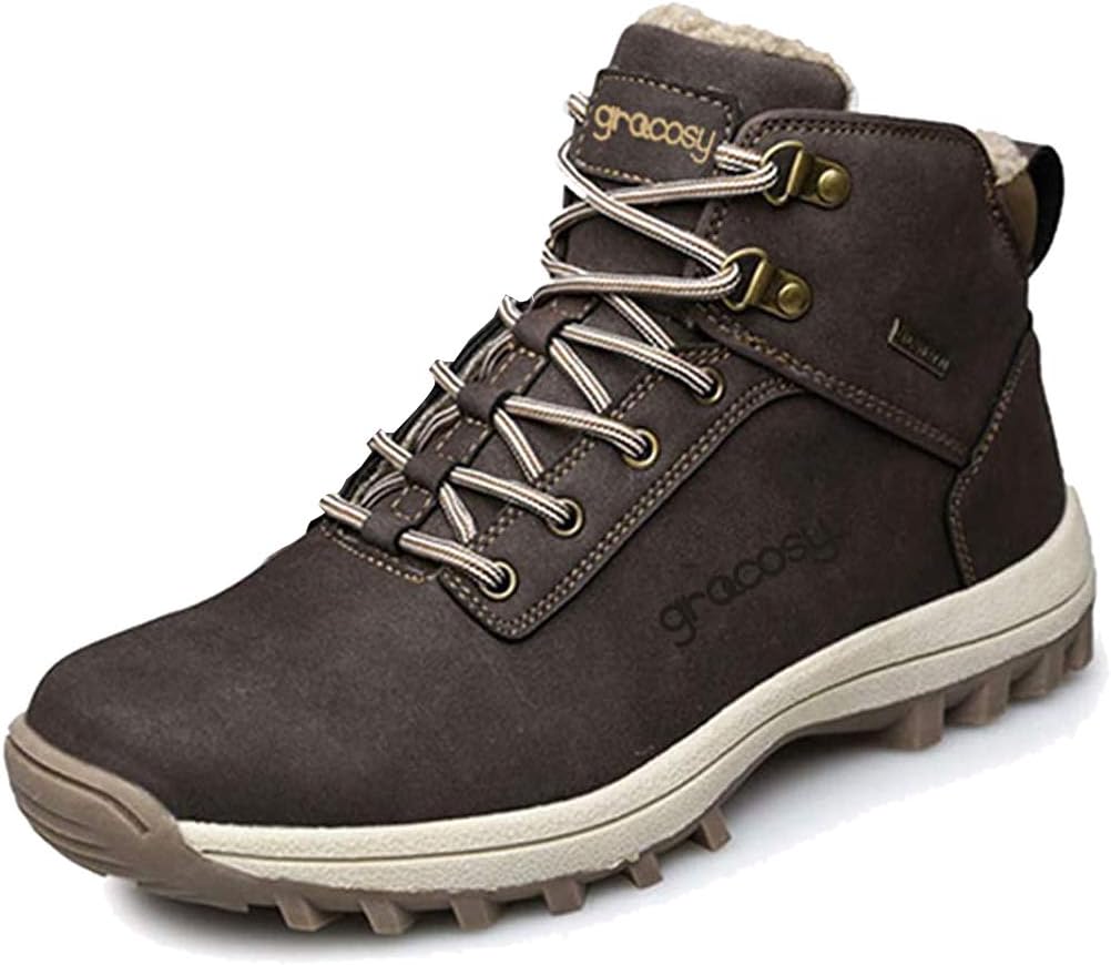 gracosy Men High Rise Outdoor Boots Non-Slip Trekking Shoes Winter Snow Boots Waterproof Warm Ankle Boots Fur Lined Lace-up Outdoor Anti-Slip Shoe for Sport, Casual Walking Climbing Trekking Work Shoe