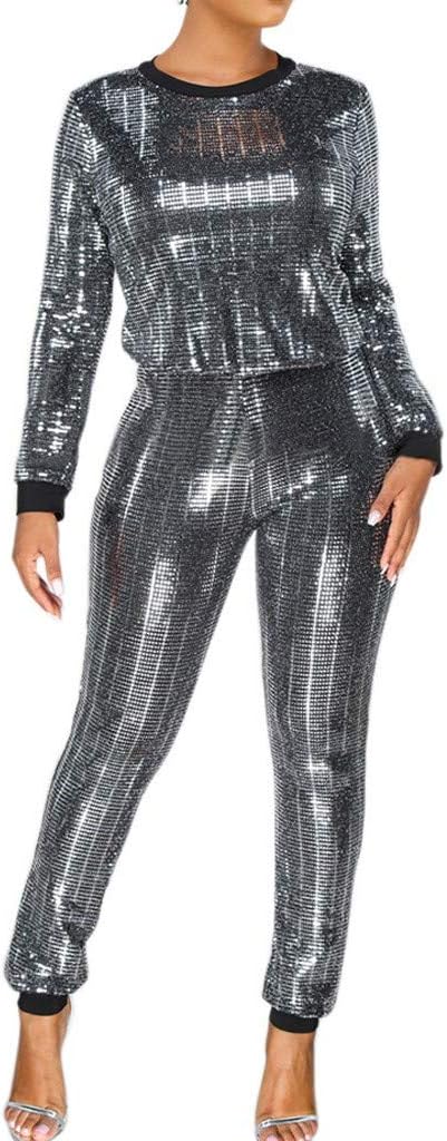 Women Sexy Sequin See Through Mesh Stripe 2 Pieces Outfits Lantern Sleeve Crop Tops and Long Pants Jumpsuit Set
