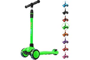 Allek Kick Scooter B03, Lean 'N Glide 3-Wheeled Push Scooter with Extra Wide PU Light-Up Wheels, Any Height Adjustable Handlebar and Strong Thick Deck for Children from 3-12yrs (Lime Green)