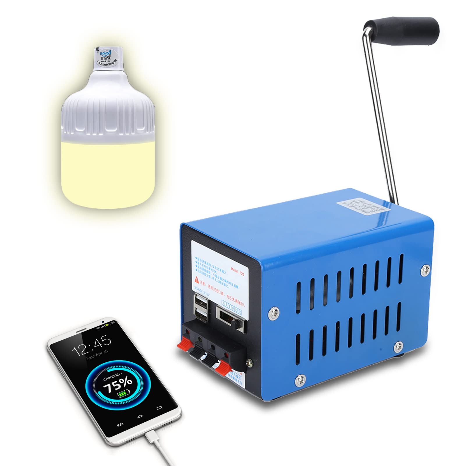 F20 Hand Crank Generator 20W, Emergency Portable USB Charger for Phone, Outdoor Survival Gear, Manual Power Supply for Camping, Hiking, & Power Outages