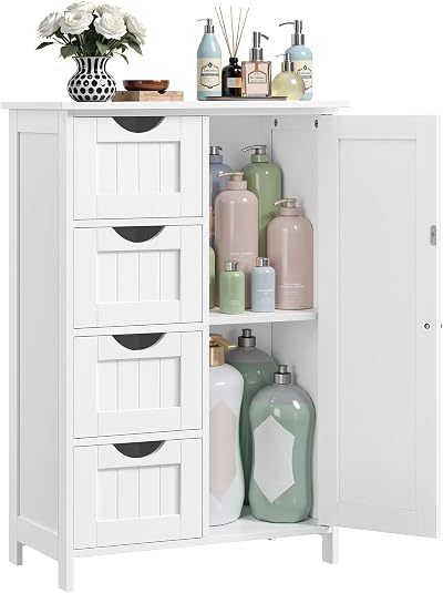 VASAGLE Bathroom Floor Storage Cabinet White LHC41W 4 Drawers Door