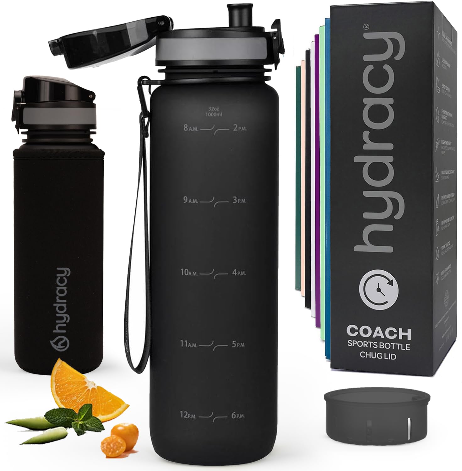 Hydracy Water Bottle with Time Marker -Large 1 Litre BPA Free Water Bottle & No Sweat Sleeve -Leak Proof Gym Bottle with Fruit Infuser Strainer & Times to Drink -Ideal for Fitness Sport & Outdoor