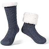LEMZONE Men's Warm Cozy Slipper Socks with Grips, Non Slip Winter Fuzzy Fleece Lining Cabin Socks Christmas Gifts