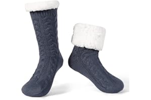 LEMZONE Men's Warm Cozy Slipper Socks with Grips, Non Slip Winter Fuzzy Fleece Lining Cabin Socks Christmas Gifts