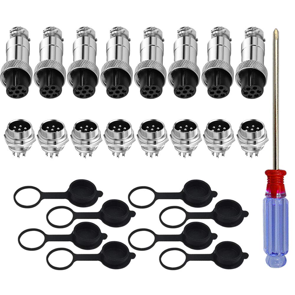 QitinDasen 8Pcs Premium 7 Pin GX12 Aviation Connector, 5A 12mm Thread Male Female Panel Metal Aviation Wire Connector Plug Socket, with Rubber Protector Cap and Phillips Screwdriver