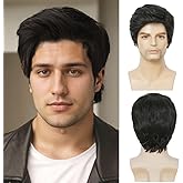 Amnenl Black Short Wigs for Men Layered Natural Wigs Synthetic Replacement Full Wig for Male Guy Daily Use