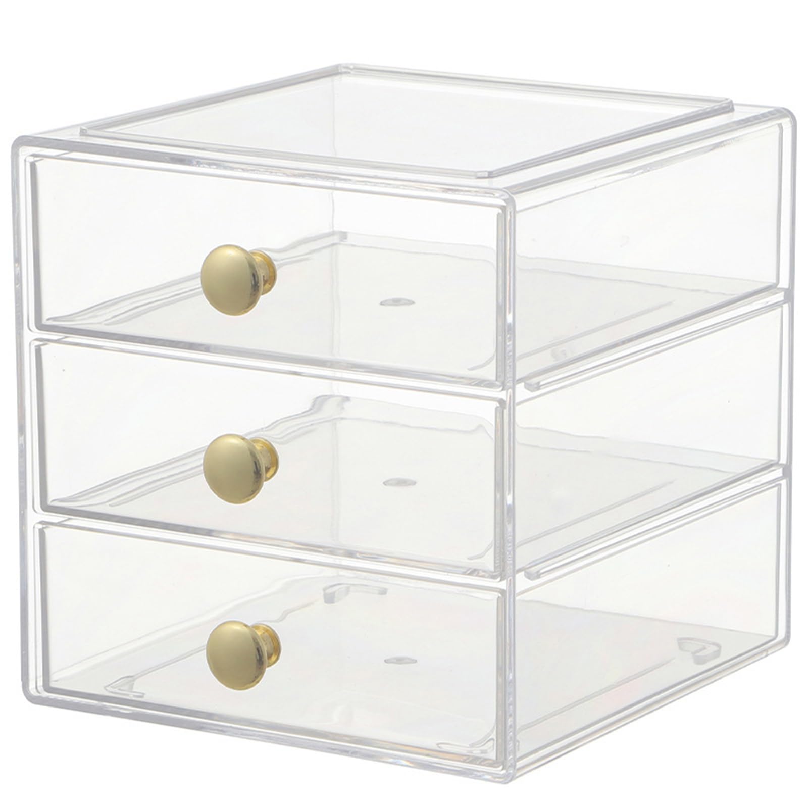 Photo 1 of ***AS PICTURED, THERE APPEAR TO BE PET HAIRS ON ITEM***AJIODA Makeup Drawer Organizer Box with 3 Drawers, Acrylic Cosmetic Display Case Vanity Organizer Jewelry Storage Box Stackable Storage for Cosmetics, Skin Care, Bathroom, Countertop, Gold Handle
