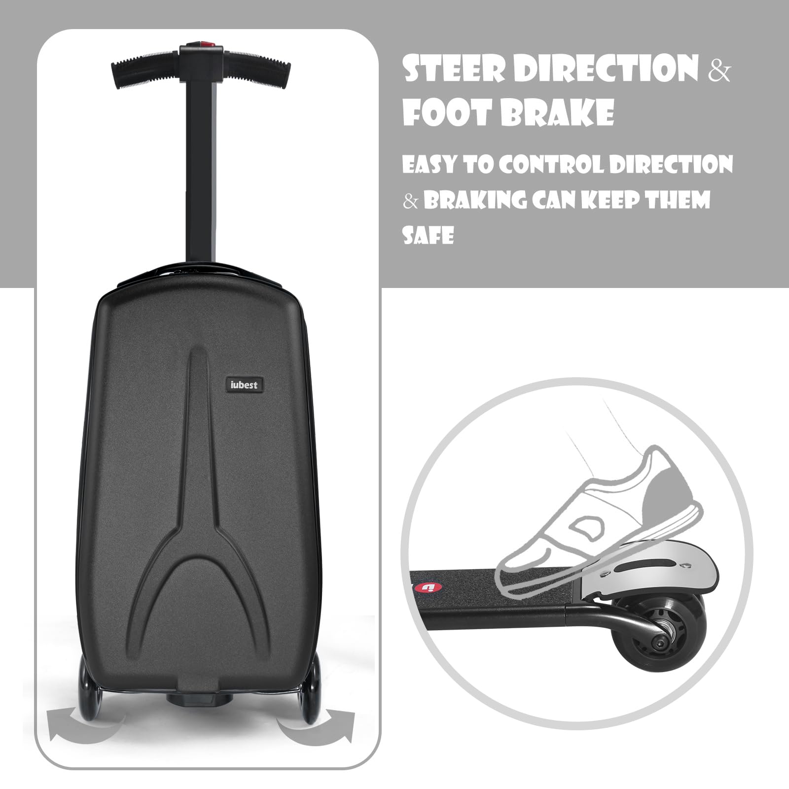 iubest Scooter Luggage Carry On Scooter Suitcase for Kids Age 4-15, Detachable & Foldable 4 in 1 Kids Suitcase, Multifunctional Ride On Travel Trolley Scooter Combo-Black