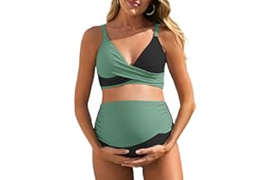 Summer Mae Maternity Bikini Swimsuit Color Block Two Piece Criss Cross V Neck Bathing Suit High Waist Pregnancy Swimwear