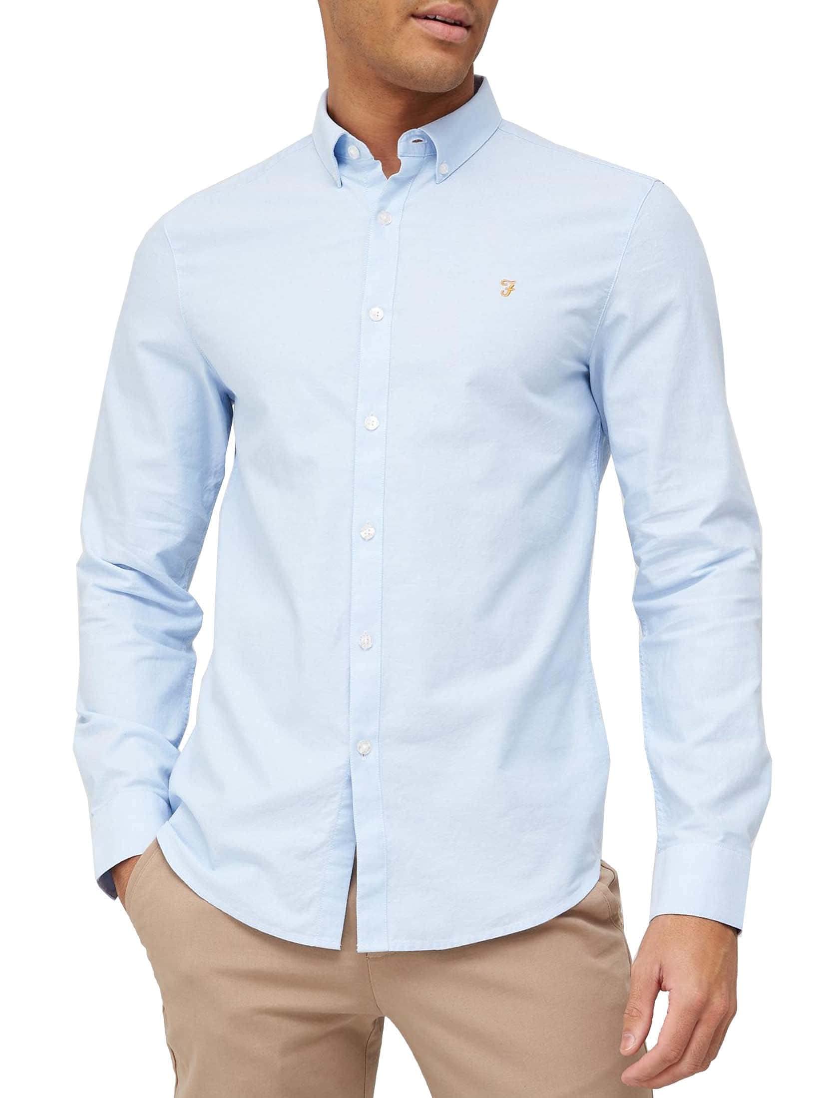 Farah - Men's Shirt, Brewer Slim Fit, Organic Cotton, Indigo Oxford Shirt, Casual-Style Shirt, Sky Blue, XL