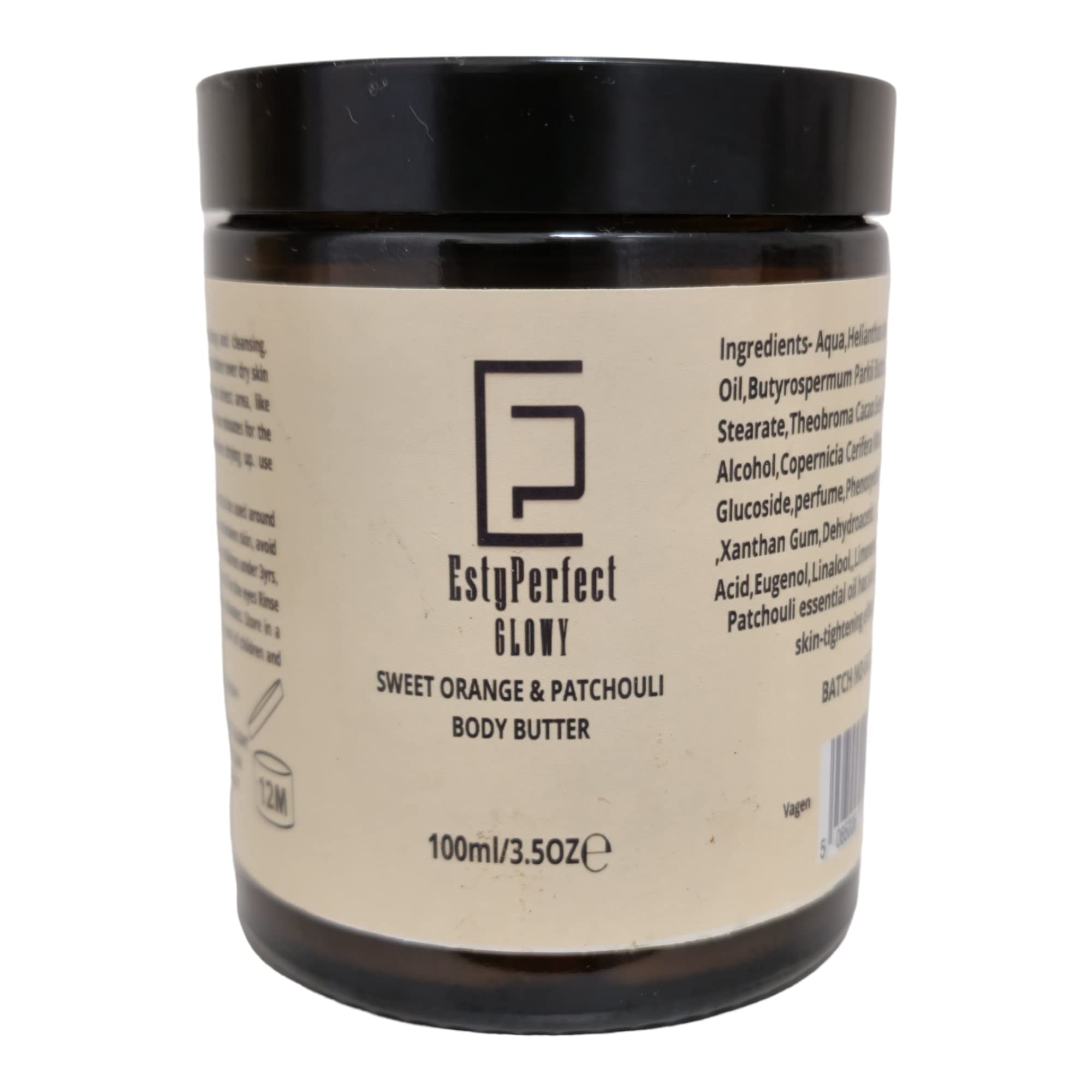 Estyperfect Glowy Organic Sweet Orange and Patchouli Body Butter great for dry and dehydrated skin.100ml