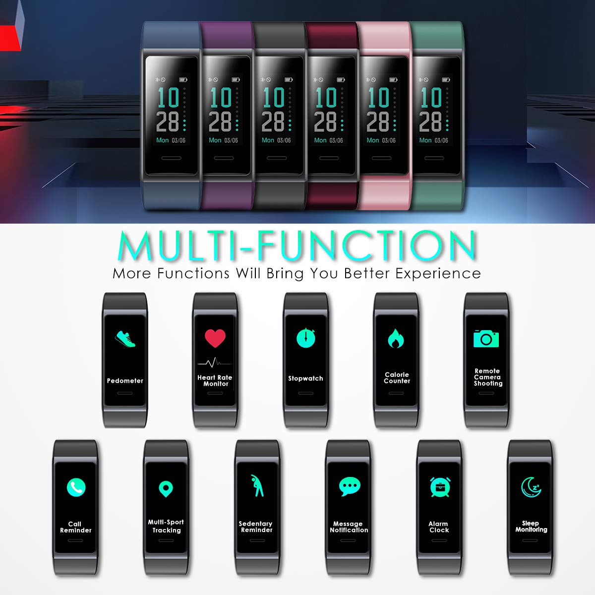 HOMVILLA Fitness Tracker, Smartwatch Activity Tracker Sports Smart Band Impermeabile IP68 Polsino Bluetooth con Monitor della frequenza cardiaca Pedometro Monitor del Sonno Caloria per iOS Android