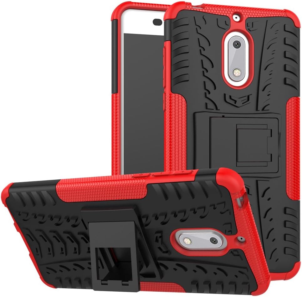 TenDll case for Nokia 6, Shockproof Tough Heavy Duty Armour Back Case Cover Pouch with Stand Double Protective Cover Nokia 6 Case -Red