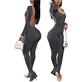 Womens Jumpsuit Long Sleeve One Piece Jumpsuits Leopard Print Sexy Backless Bodycon High Waisted Club Outfits Catsuits