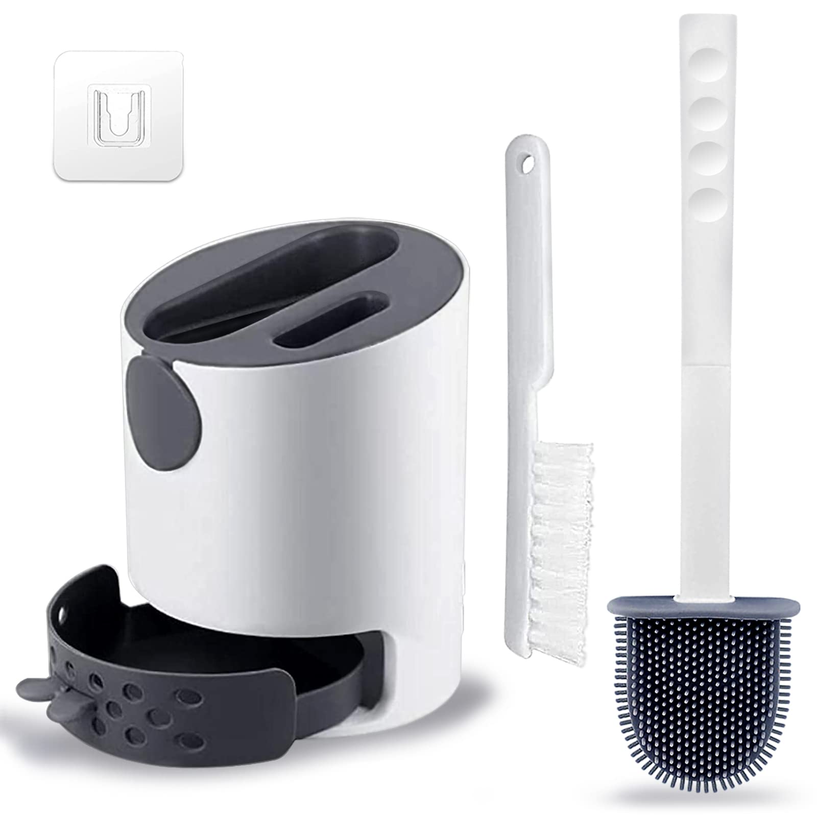 Hulameda [Double-Headed] Toilet Brush and Holder, Non-Slip Handle Soft Flexible Flat Head Bristles Silicone Toilet Brush, Drawer Type Quick Drying Base, Gray & White, (Flooring/Mounted Wall)