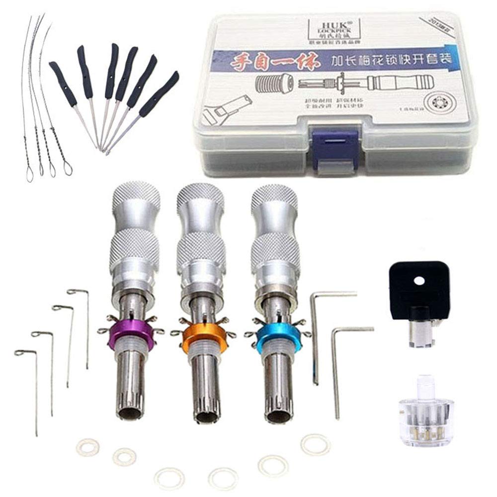 3pcs 7Pins Stainless Steel Adjustable Tubular Picks Lock Tool and Transparent Plum Flower Lock with Broken Key Extractor Set (Black Key Combination)