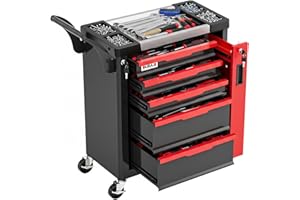AIRAJ Tool Chest 5-Drawer | Rolling Tool Chest with Wheels/Side Drawer | Drawers Integrated Lockable | Tool Cart/Cabinet with Drawers for Garage Storage,Workshop | Safety Rounded Corner Anti-collision | Red