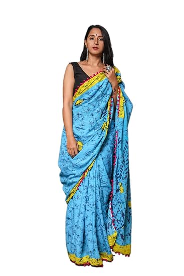 Cotton Mulmul Hand Block Jaipuri Printed Saree with Blouse (Sky Blue)