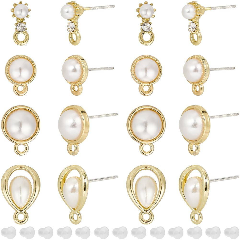 SUNNYCLUE 24Pcs Pearl Earring Posts Gold Stud Earring Findings with 925 Sterling Silver Pin and Ear Nuts Half Round Teardrop Plastic Imitation Pearl Earring Studs for Jewellery Making Earrings DIY