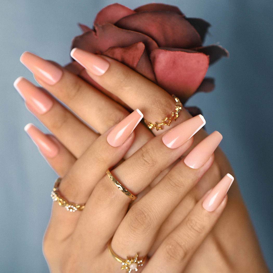 Sethexy French Glossy False Nail Long Coffin Fake Nails Pink Ballerina Nails with Glue 24Pcs Acrylic Art Press on Nail Tips for Women and Girls (B)