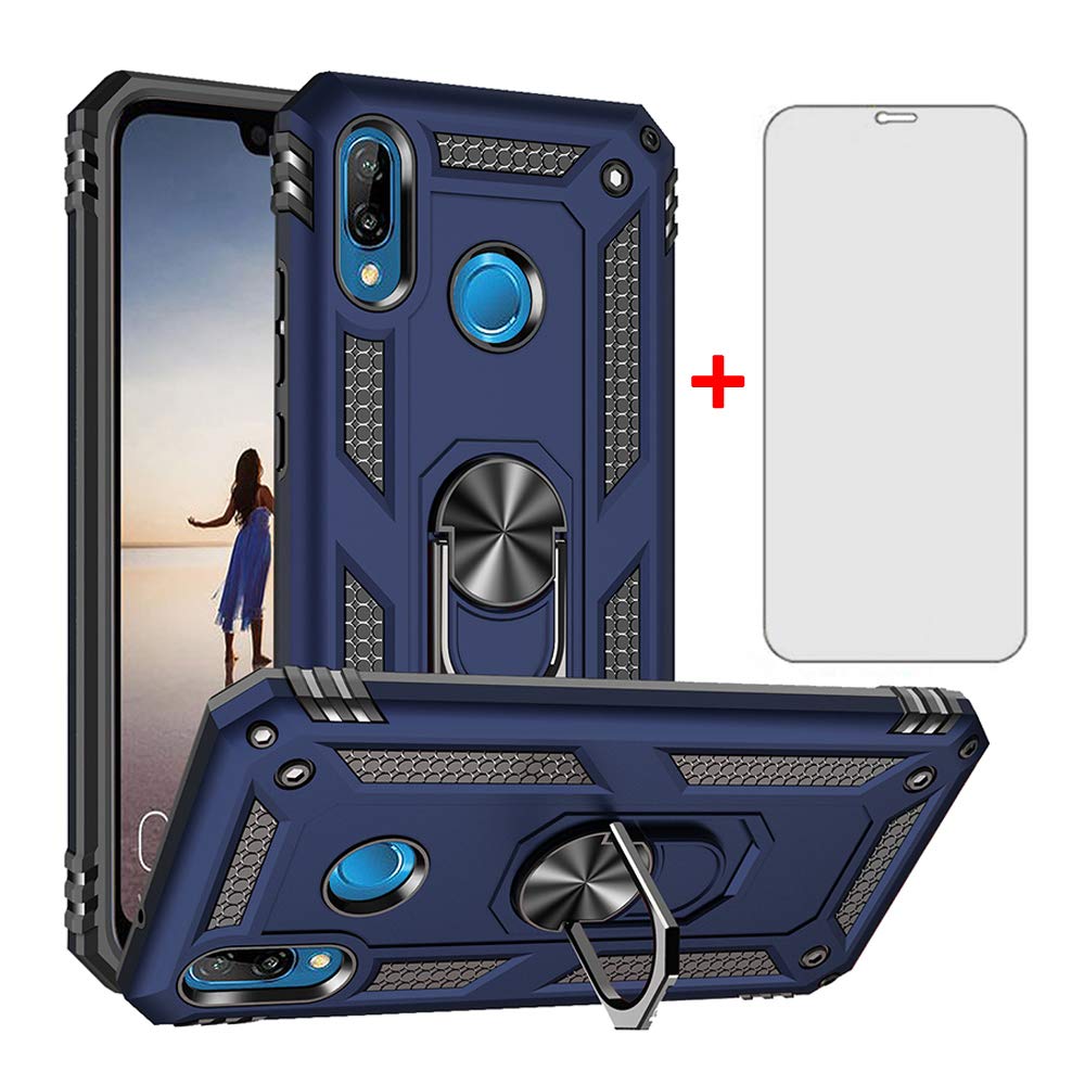 Phone Case for Huawei P20 Lite with Tempered Glass Screen Protector Cover Stand Ring Rugged Silicone Holder Hard Shockproof Heavy Duty Accessories huewai P20lite P 20 Hawaii Hwauei Nova 3E Blue