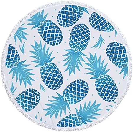 Utopone Large Round Beach Towels Microfiber Pineapple with Tassels Soft Water Absorbent Multi-Purpose Circle Beach Throw Blanket for Adults, Blue(59 Inch)