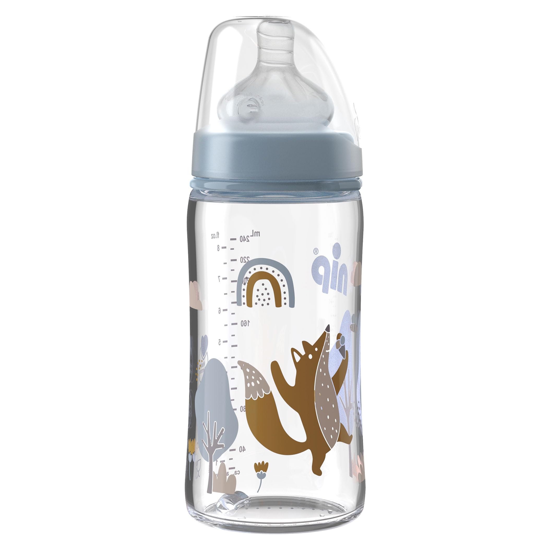 nip 35063 Wide-Neck Glass Baby Bottle with Silicone Teat, Group 0+ Milk, 240 ml