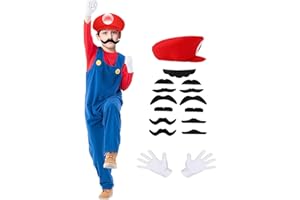 PUVKVE Super Brothers Costume Outfit Halloween Cosplay Costume for Adult Kids Plumber Cosplay Overalls with Accessory