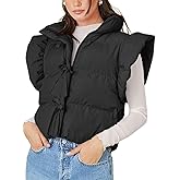 Tankaneo Womens Cropped Puffer Vest Ruffle Sleeveless Tie Front Stand Collar Quilted Vest Winter Zip Up Padded Gilets Coats
